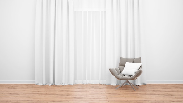 Современное кресло рядом с большим окном с белыми занавесками. деревянный пол. пустая комната как минимальная концепция