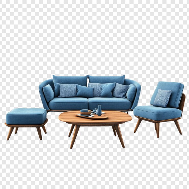 Free PSD modern blue sofa set with wooden coffee table and armchair
