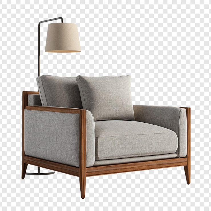 Free PSD modern gray armchair with wooden frame and floor lamp