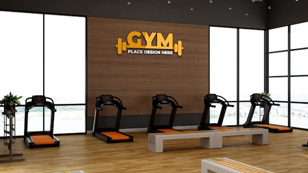 체육관 로고 모형을 위한 나무 벽 장식이 있는 현대적인 체육관