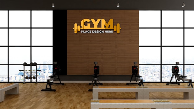 Modern gym room with wooden wall decoration for gym logo mockup