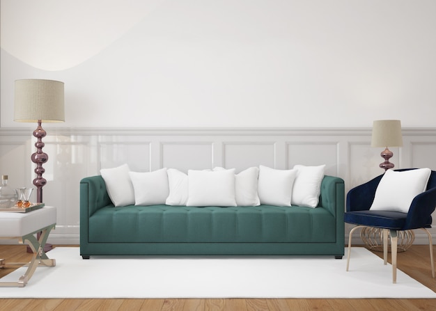 Modern living room with sofa and mockup cushions
