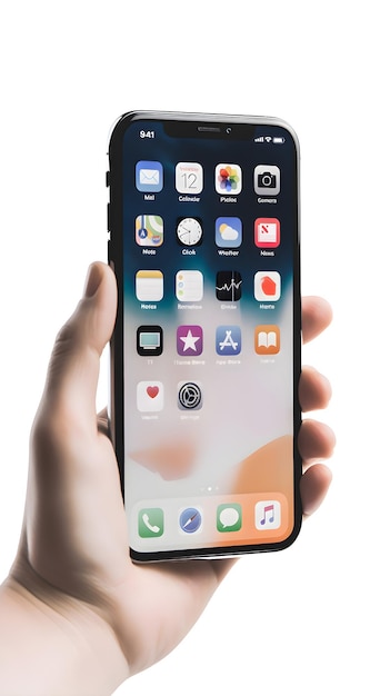 Современный мобильный телефон в руке женщины на белом фоне