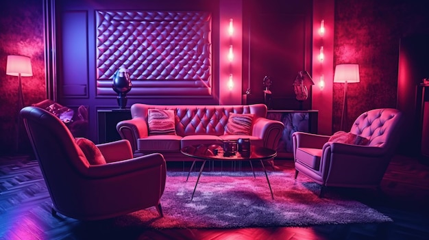 Free PSD modern room with violet light and red light illumination generative ai