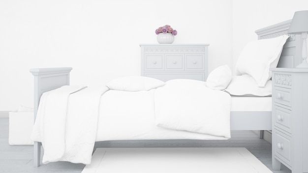 Free PSD modern single bed mockup in bright bedroom