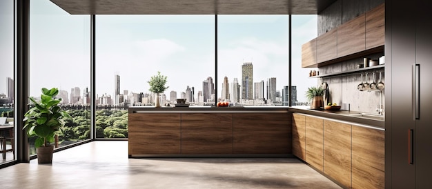 Современный интерьер кухни из дерева и бетона generative ai