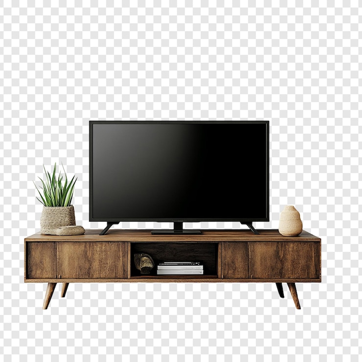 Free PSD modern wooden tv stand with flat screen and decor