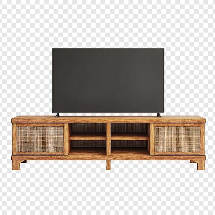 Free PSD modern wooden tv stand with rattan accents