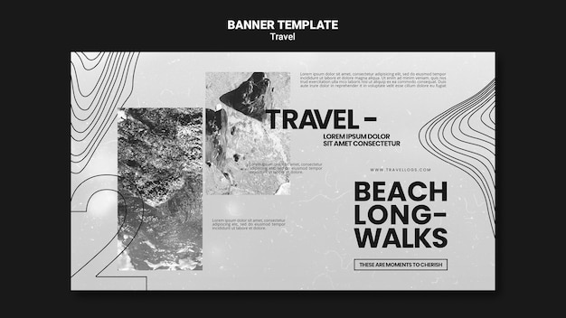 Modello di banner orizzontale monocromatico per rilassanti passeggiate sulla spiaggia