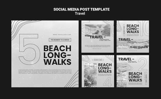 PSD gratuito collezione di post instagram monocromatici per rilassanti passeggiate in spiaggia