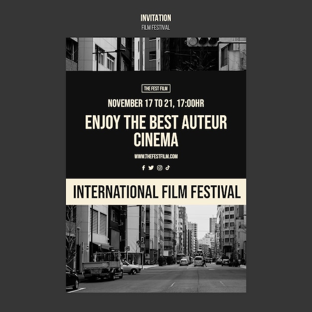 PSD gratuito modello di invito al festival del cinema monocromatico