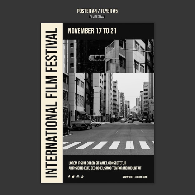 PSD gratuito modello di poster verticale del festival del cinema monocromatico