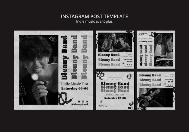 Free PSD monochrome instagram posts collection for indie music event