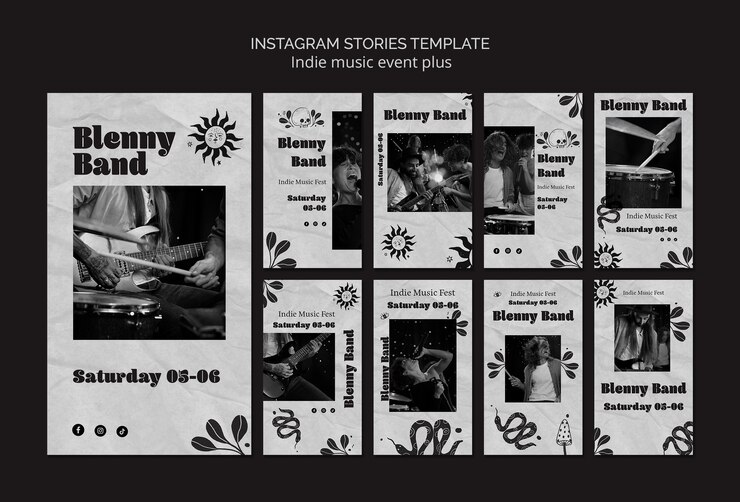 Free PSD monochrome instagram stories collection for indie music event
