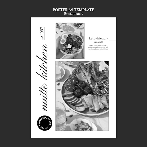 PSD gratuito modello di poster verticale ristorante monocromatico