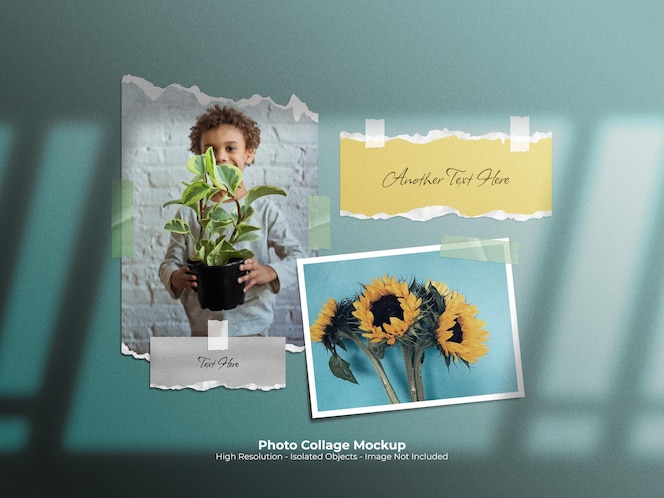 moodboard mockup con collage di foto e composizione di carta strappata con nastro adesivo