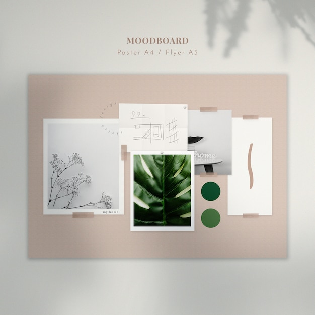 Free PSD moodboard with plants and sketch