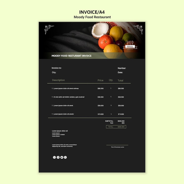 Free PSD moody food invoice template