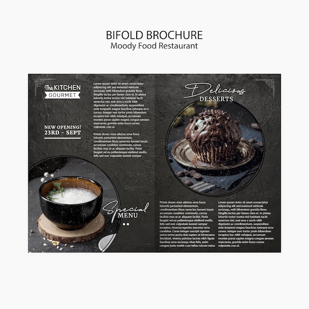 Free PSD moody food restaurant bifold brochure concept mock-up