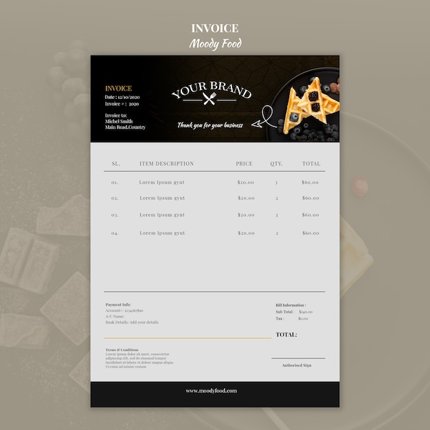 Moody food restaurant invoice concept mock-up