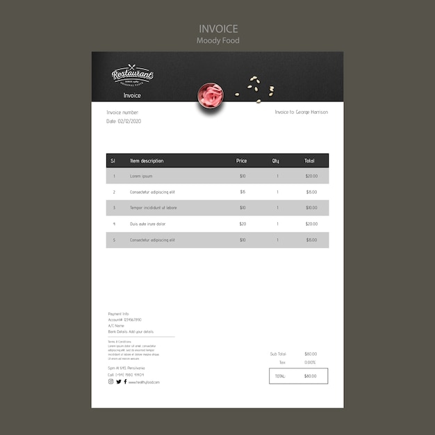 Free PSD moody food restaurant invoice concept mock-up