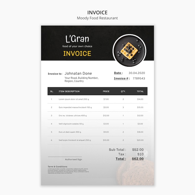 Free PSD moody food restaurant invoice