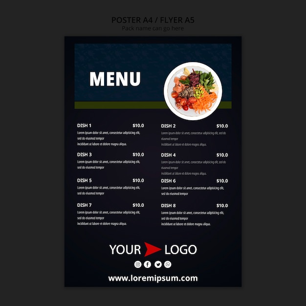 PSD gratuito modello di menu ristorante cibo lunatico