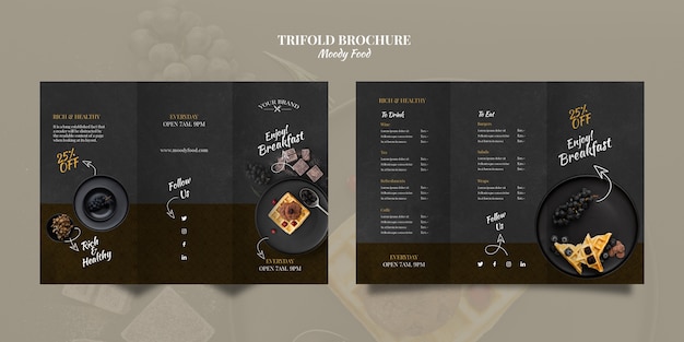 Free PSD moody food restaurant trifold brochure concept mock-up