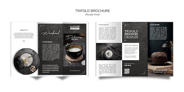 Free PSD moody food restaurant trifold brochure concept mock-up