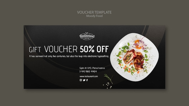 Free PSD moody food restaurant voucher template concept mock-up