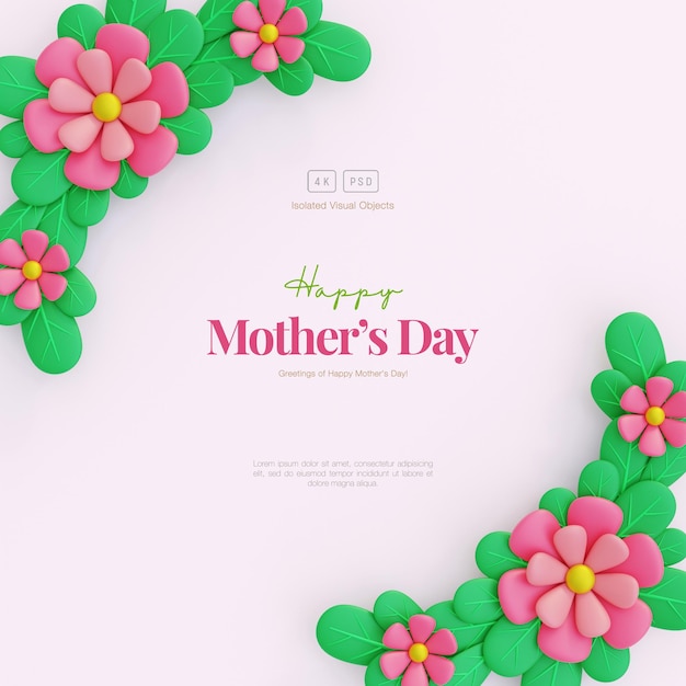 Free PSD mother's day greeting card floral background with decorative cute flowers and leaves