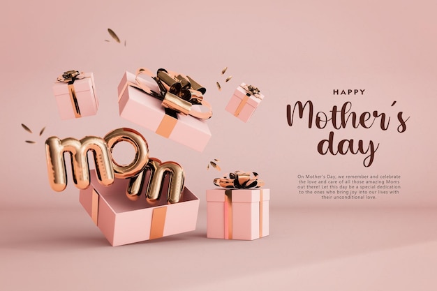 PSD gratuito festa della mamma con confezione regalo a sorpresa e simpatico modello di progettazione di banner 3d mamma 3d