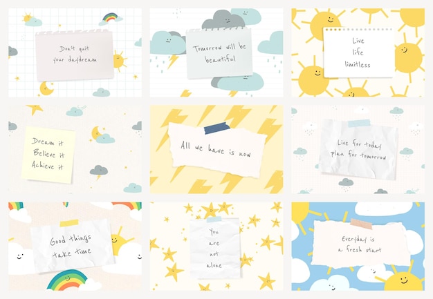 Modello di citazione motivazionale psd con set di banner di doodle meteo carino