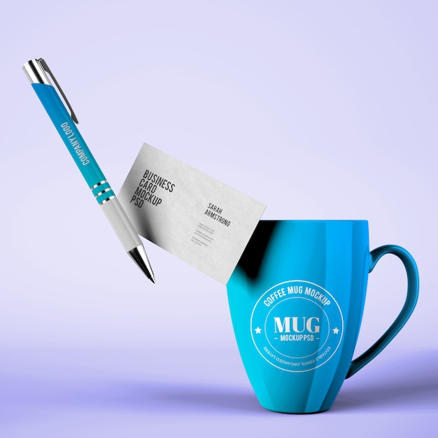 Mug mockup with business card and pen mockups