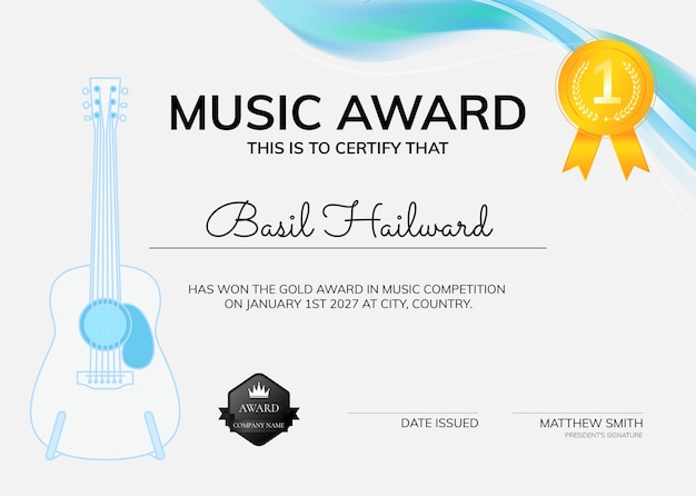 Шаблон сертификата музыкальной премии psd с минималистичным дизайном иллюстрации гитары