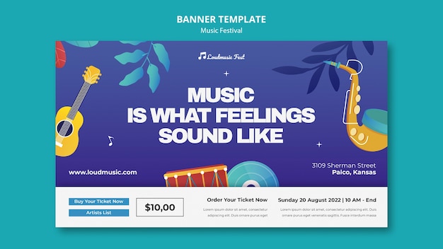 Music fest horizontal banner template with musical instruments