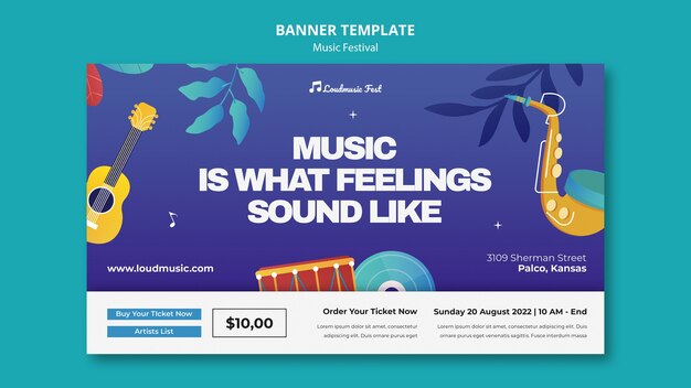 Music fest horizontal banner template with musical instruments