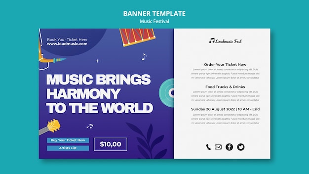 Music fest horizontal banner template with musical instruments