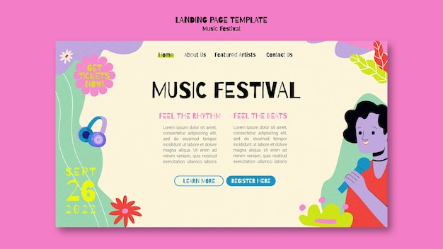 無料PSD 抽象的なスタイルの音楽祭のランディングページテンプレート