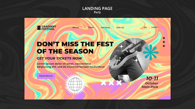 Music fest landing page template with multicolored liquid effect