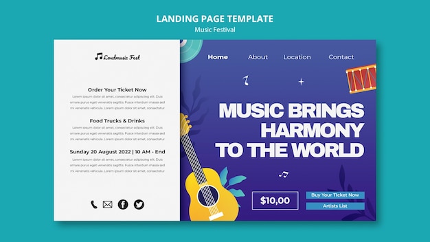 Шаблон целевой страницы музыкального фестиваля с музыкальными инструментами
