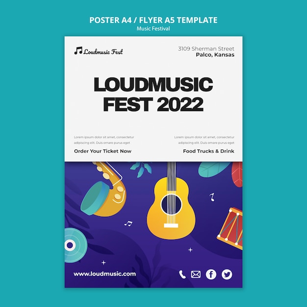 Music fest vertical poster template with musical instruments