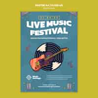 Free PSD music festival vertical poster template with hand drawn vinyl record and guitar