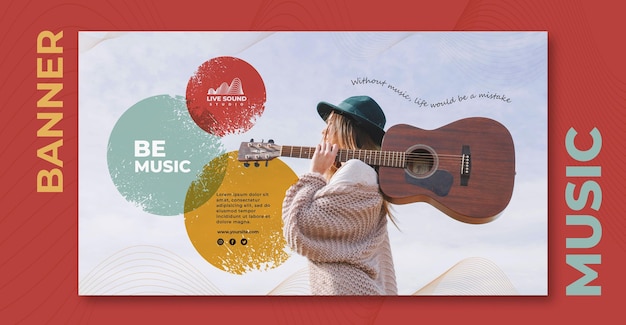 PSD gratuito modello di banner orizzontale di musica con foto di ragazza che tiene una chitarra