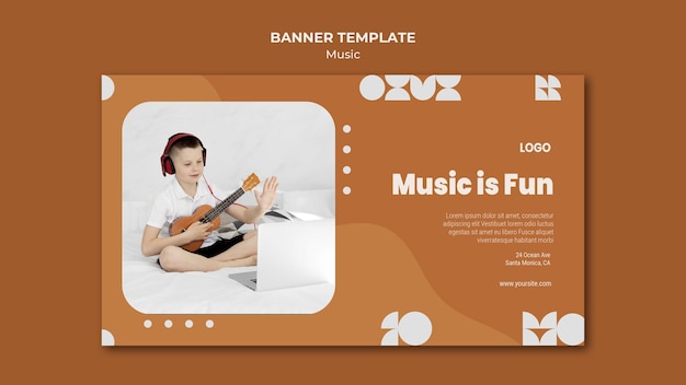 Music is fun boy playing ukulele banner