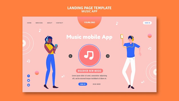 PSD gratuito modello di pagina di destinazione dell'app mobile musicale music