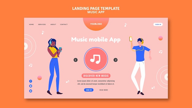無料PSD ミュージック モバイル アプリのランディング ページ テンプレート