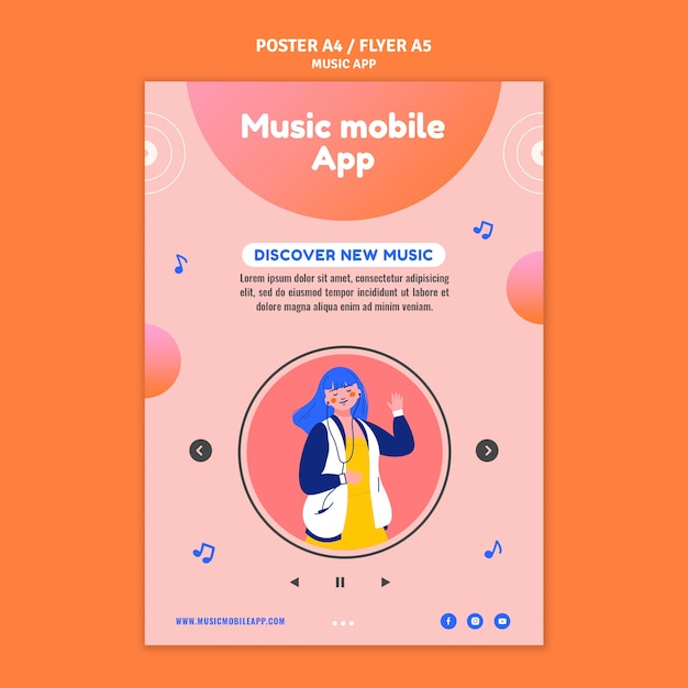 PSD gratuito modello di stampa per app per dispositivi mobili di musica