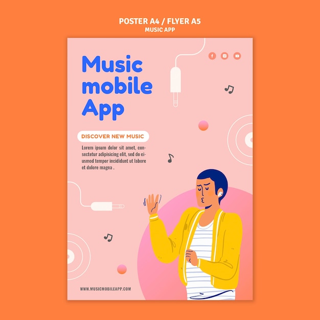 PSD gratuito modello di stampa per app per dispositivi mobili di musica