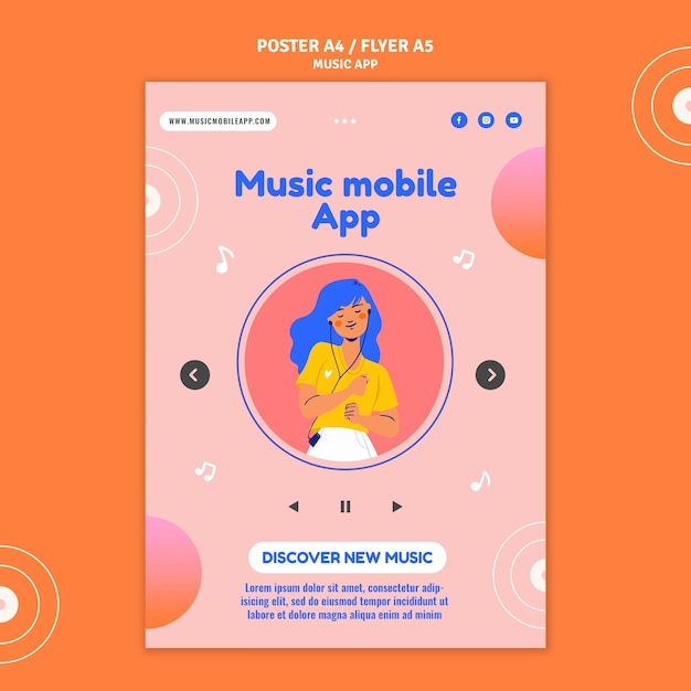 PSD gratuito modello di stampa per app per dispositivi mobili di musica